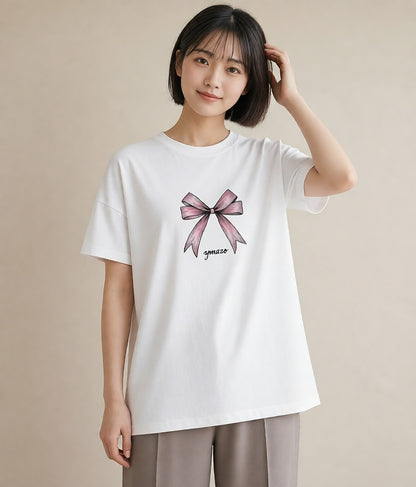 半袖Tシャツ レディース リボン 蝶結び ナチュラル アンティーク イラスト 韓国風 クリスマス 旅行 白T YMAZO