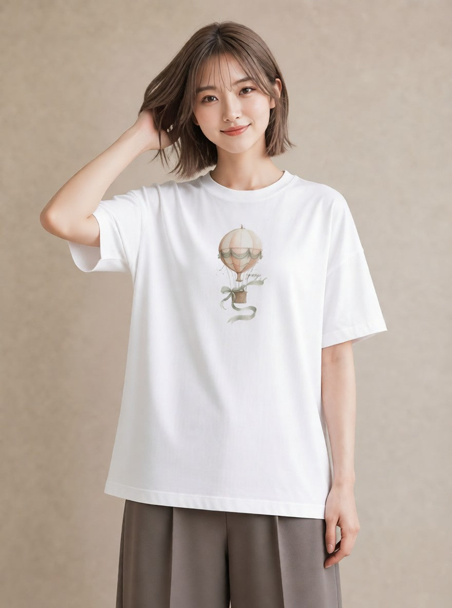 プリントTシャツ レディース 紙風船 和紙 ナチュラル アンティーク イラスト きれいめカジュアル 夏コーデ 通学 白T YMAZO