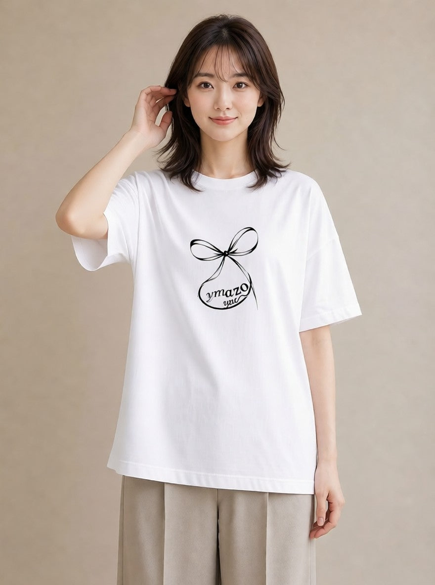グラフィックTシャツ レディース リボン ボウ りぼん イラスト 個性的 ラフ レイヤード 白T YMAZO