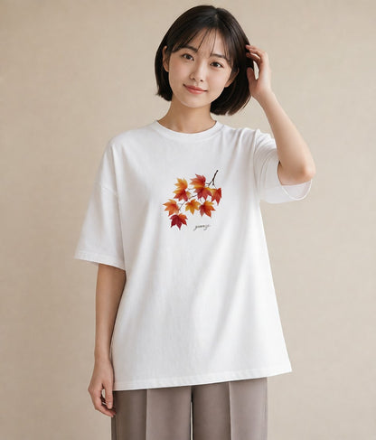 Tシャツ レディース 落ち葉 植物 ボタニカル イラスト モード 在宅 公園 白T YMAZO