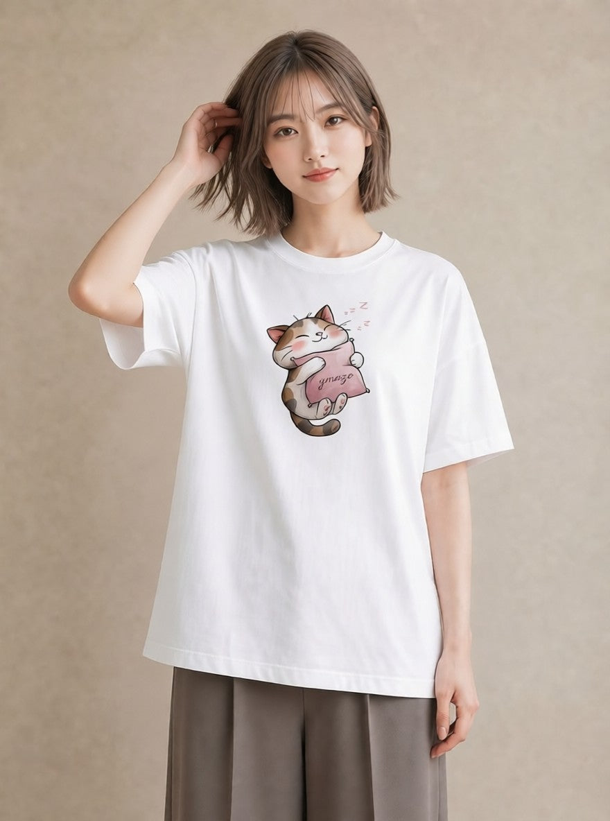 プリントTシャツ レディース ニャンコ 猫 ねこ イラスト シンプル 自分用 ルームウェア 白T YMAZO