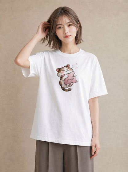 プリントTシャツ レディース ニャンコ 猫 ねこ イラスト シンプル 自分用 ルームウェア 白T YMAZO