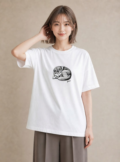 半袖Tシャツ レディース 秋田犬 犬 いぬ イラスト 抜け感 デイリーウェア 休日 白T YMAZO