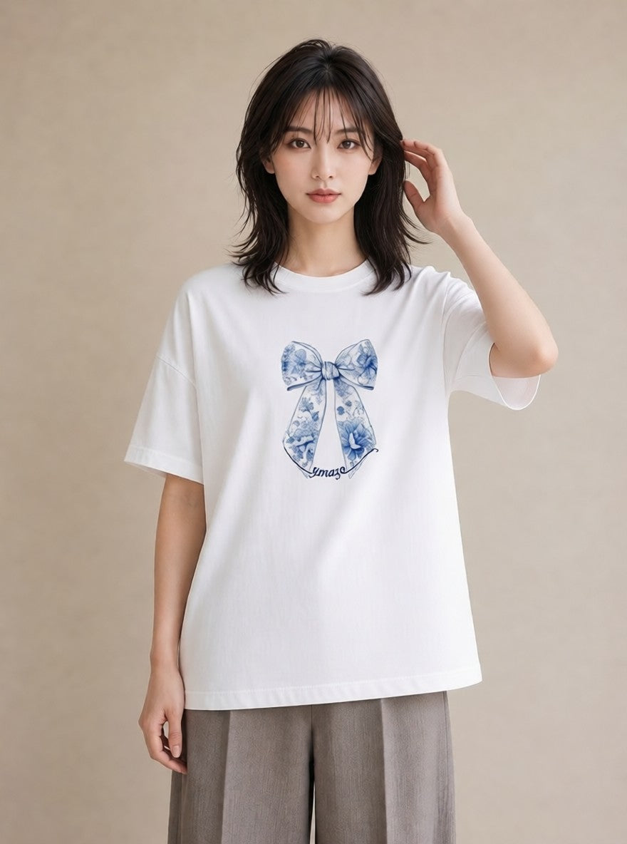 プリントTシャツ レディース レースハンカチ レース ハンカチ ナチュラル アンティーク イラスト 淡色 友達ギフト 部屋着 白T YMAZO