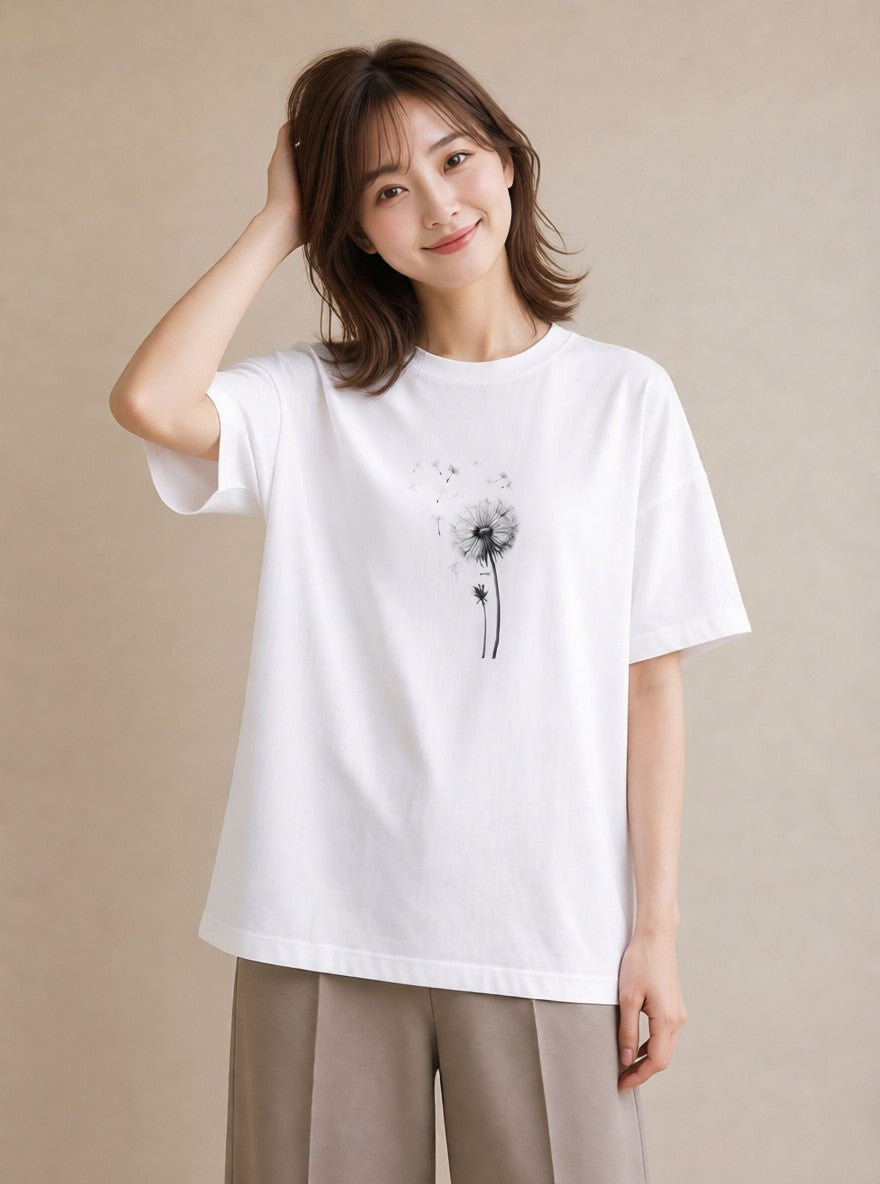 半袖Tシャツ レディース たんぽぽ 花 花柄 イラスト ラフカジュアル 週末コーデ 敬老の日 白T YMAZO