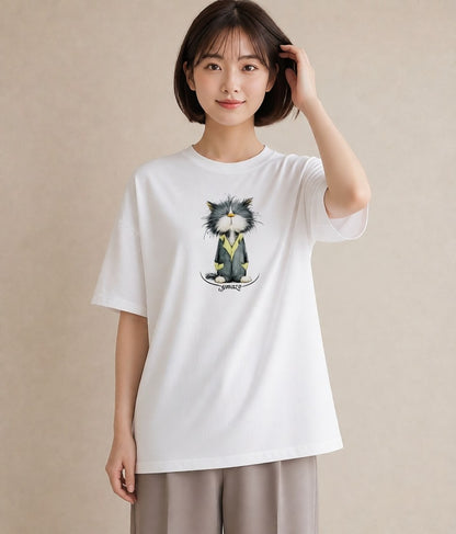 プリントTシャツ レディース ハチワレ 白黒猫 猫 ねこ イラスト シンプル ペアコーデ 秋コーデ 白T YMAZO