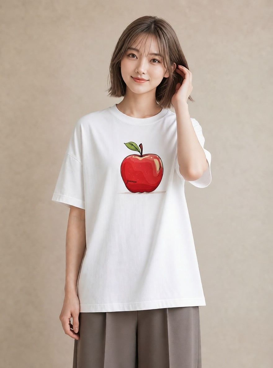半袖Tシャツ レディース りんご 林檎 アップル 食べ物 フード イラスト きれいめ 夏コーデ 通学 白T YMAZO