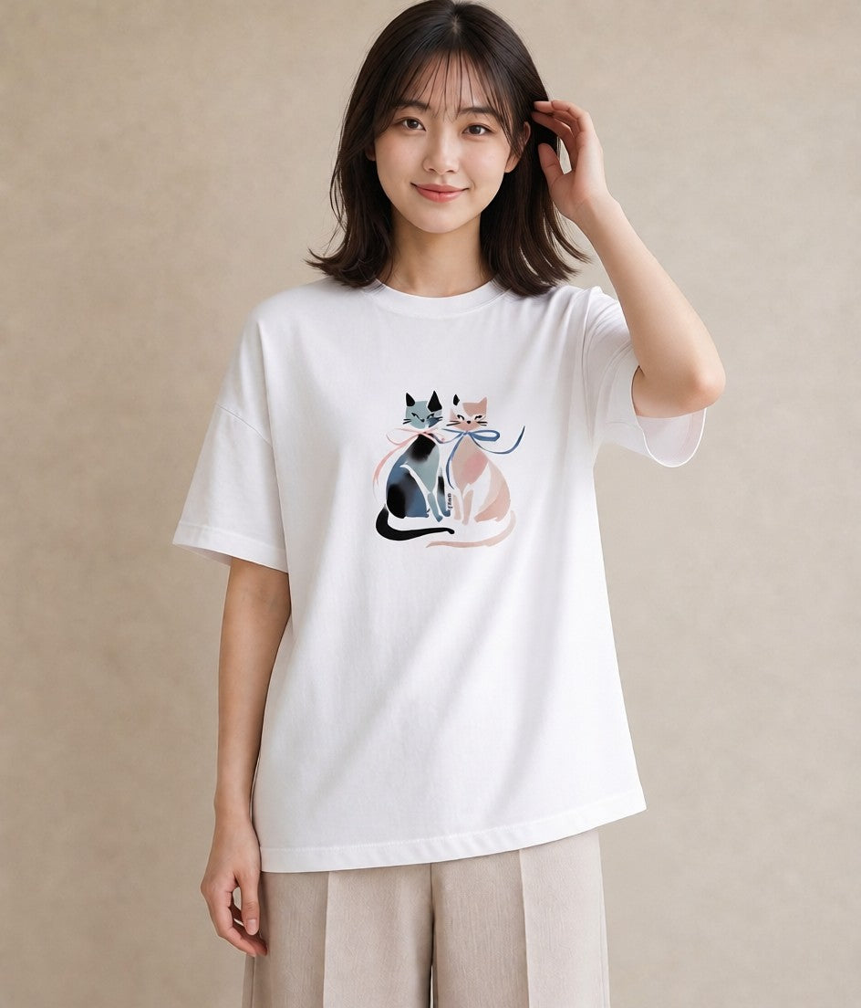 デザインTシャツ レディース ハチワレ 白黒猫 猫 ねこ イラスト 在宅 公園 白T YMAZO