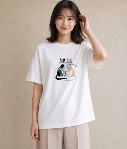 デザインTシャツ レディース ハチワレ 白黒猫 猫 ねこ イラスト 在宅 公園 白T YMAZO
