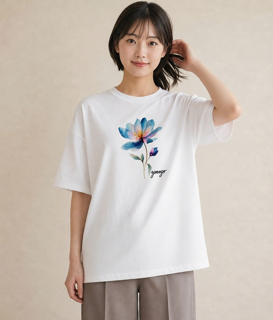 半袖Tシャツ レディース コスモス 秋桜 花 花柄 イラスト ボタニカル 母の日 ビーチ 白T YMAZO