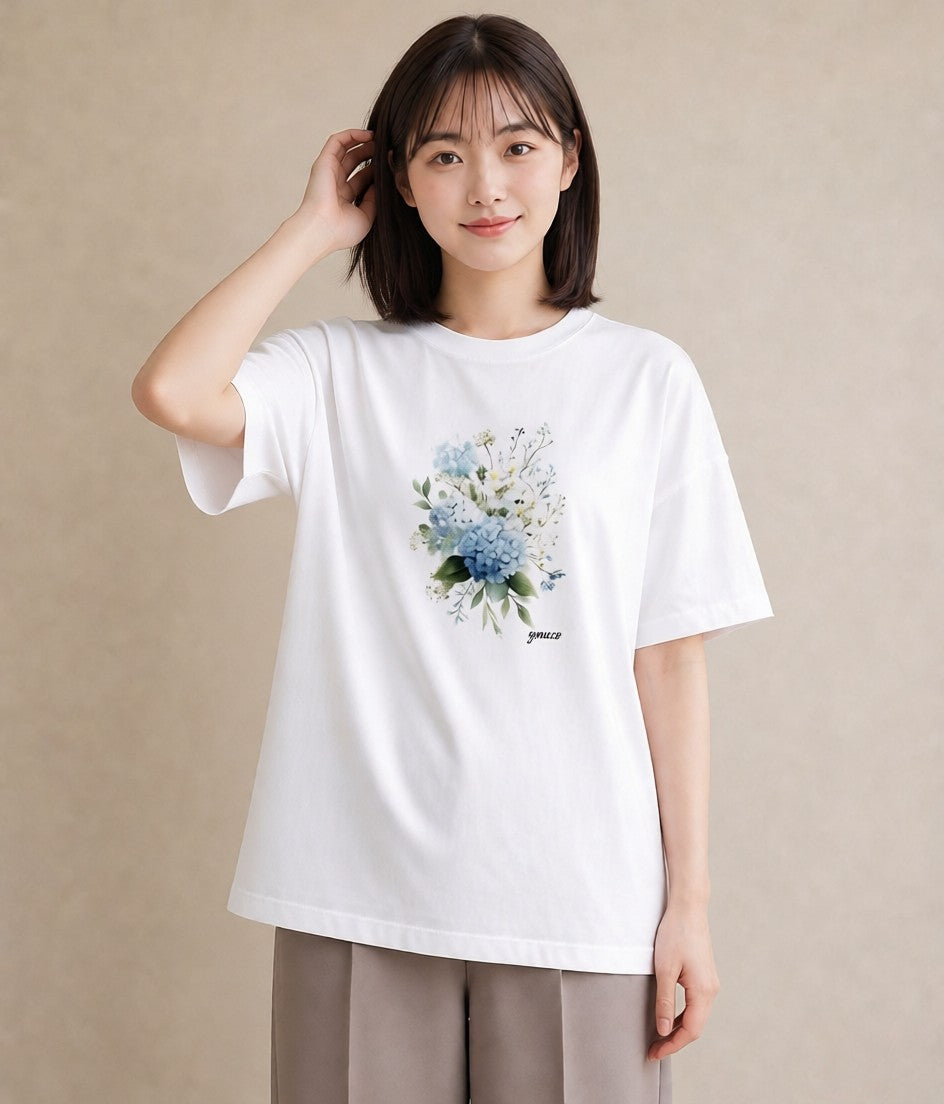Tシャツ レディース あじさい 紫陽花 アジサイ 花 花柄 イラスト こなれ感 帰省 ラフ 白T YMAZO