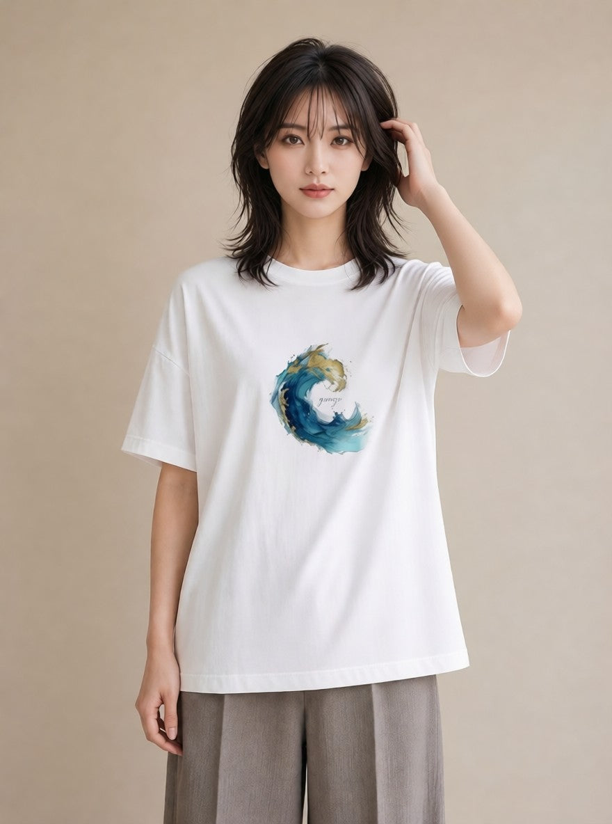 プリントTシャツ レディース 波 星空 宇宙 イラスト こなれ感 通勤 在宅 白T YMAZO