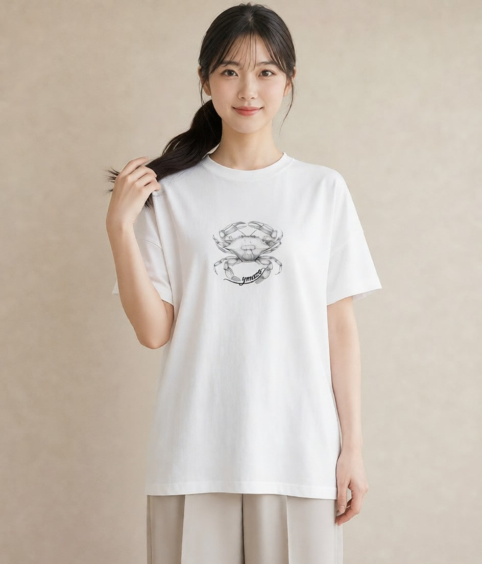 半袖Tシャツ レディース カニ 海の生き物 海 イラスト 抜け感 ママ カフェ服 白T YMAZO