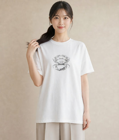 半袖Tシャツ レディース カニ 海の生き物 海 イラスト 抜け感 ママ カフェ服 白T YMAZO