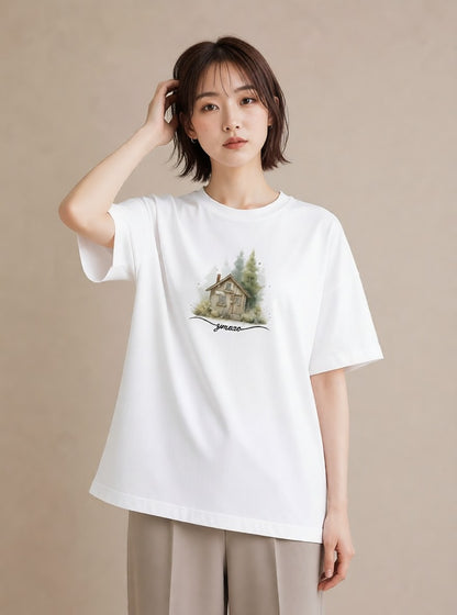 Tシャツ レディース 湖畔の小屋 湖 小屋 ナチュラル アンティーク イラスト ラフ 普段着 週末コーデ 白T YMAZO