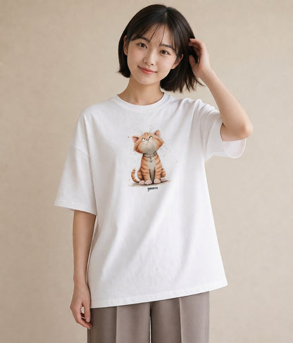 プリントTシャツ レディース おすわり猫 猫 ねこ イラスト ラフ 普段着 週末コーデ 白T YMAZO
