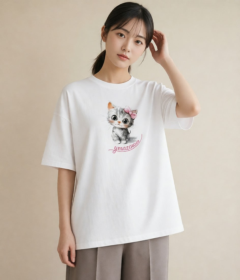 グラフィックTシャツ レディース 子猫 猫 ねこ イラスト 抜け感 敬老の日 ホワイトデー 白T YMAZO
