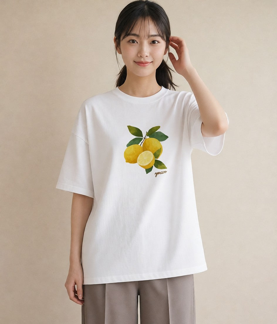 半袖Tシャツ レディース レモン 檸檬 食べ物 フード イラスト モード 送別ギフト 通勤 白T YMAZO