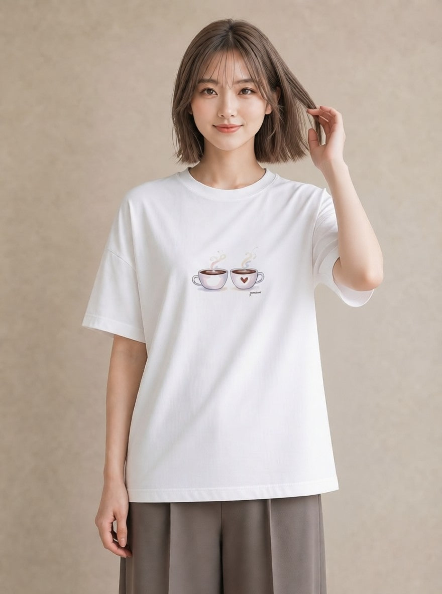 Tシャツ レディース コーヒー カフェ 珈琲 イラスト 上品 クリスマス 旅行 白T YMAZO