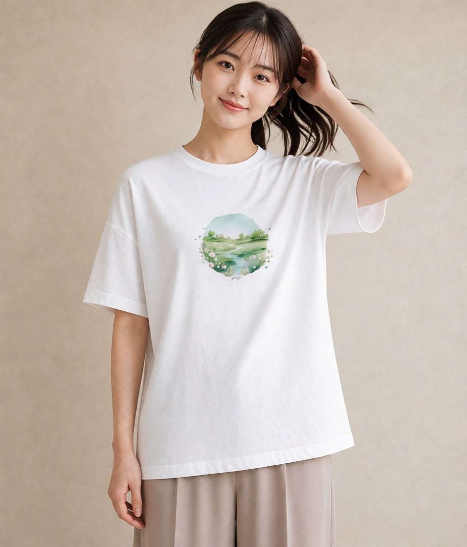 グラフィックTシャツ レディース 小川 橋 せせらぎ ナチュラル アンティーク イラスト アート風 母の日 ビーチ 白T YMAZO