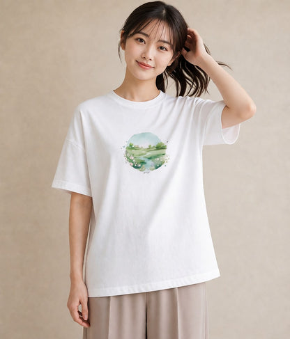 グラフィックTシャツ レディース 小川 橋 せせらぎ ナチュラル アンティーク イラスト アート風 母の日 ビーチ 白T YMAZO