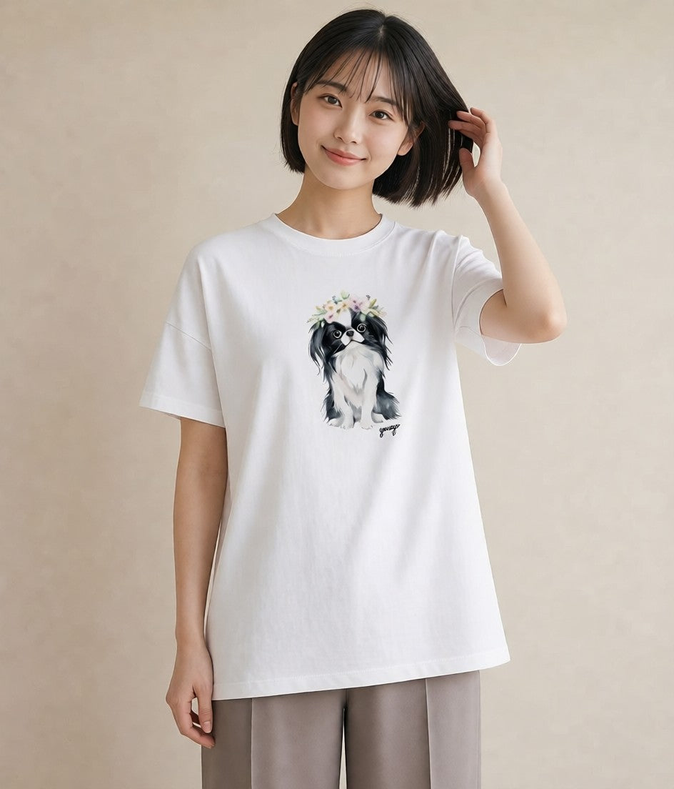 半袖Tシャツ レディース 狆 犬 いぬ イラスト ゆるコーデ ホワイトデー 春服 白T YMAZO