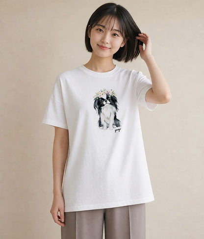 半袖Tシャツ レディース 狆 犬 いぬ イラスト ゆるコーデ ホワイトデー 春服 白T YMAZO