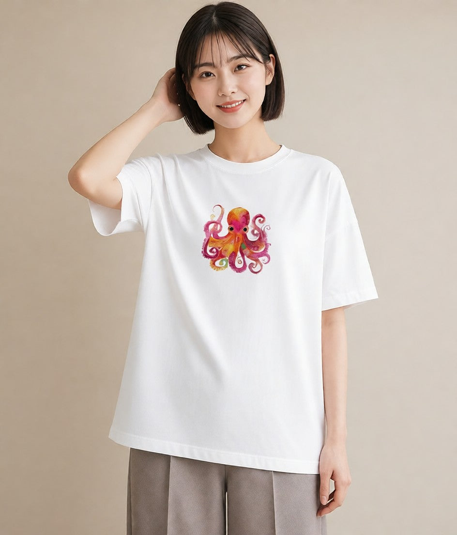 プリントTシャツ レディース イカ 海の生き物 海 イラスト シック お出かけ 普段着 白T YMAZO