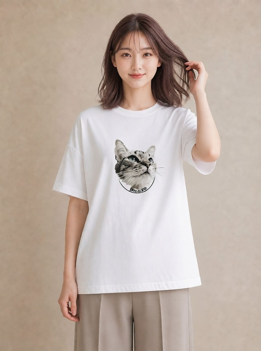 プリントTシャツ レディース シャム柄 猫 ねこ イラスト こなれ感 ミセス 春コーデ 白T YMAZO