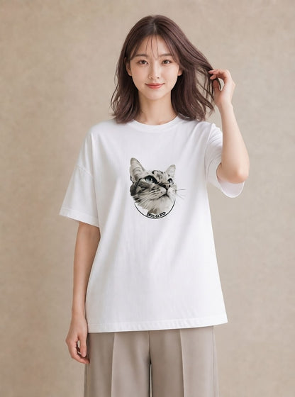 プリントTシャツ レディース シャム柄 猫 ねこ イラスト こなれ感 ミセス 春コーデ 白T YMAZO