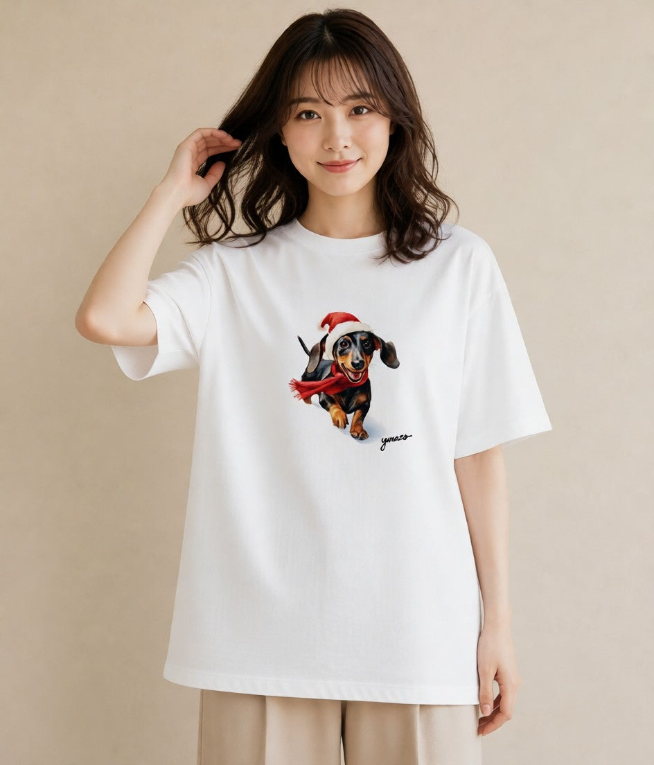 デザインTシャツ レディース ミニチュアダックスフンド 犬 いぬ イラスト モード ママ カフェ服 白T YMAZO