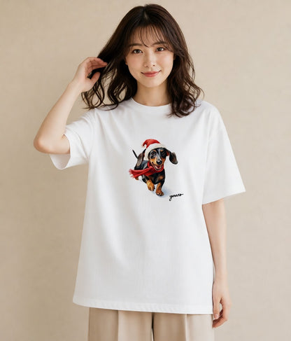 デザインTシャツ レディース ミニチュアダックスフンド 犬 いぬ イラスト モード ママ カフェ服 白T YMAZO