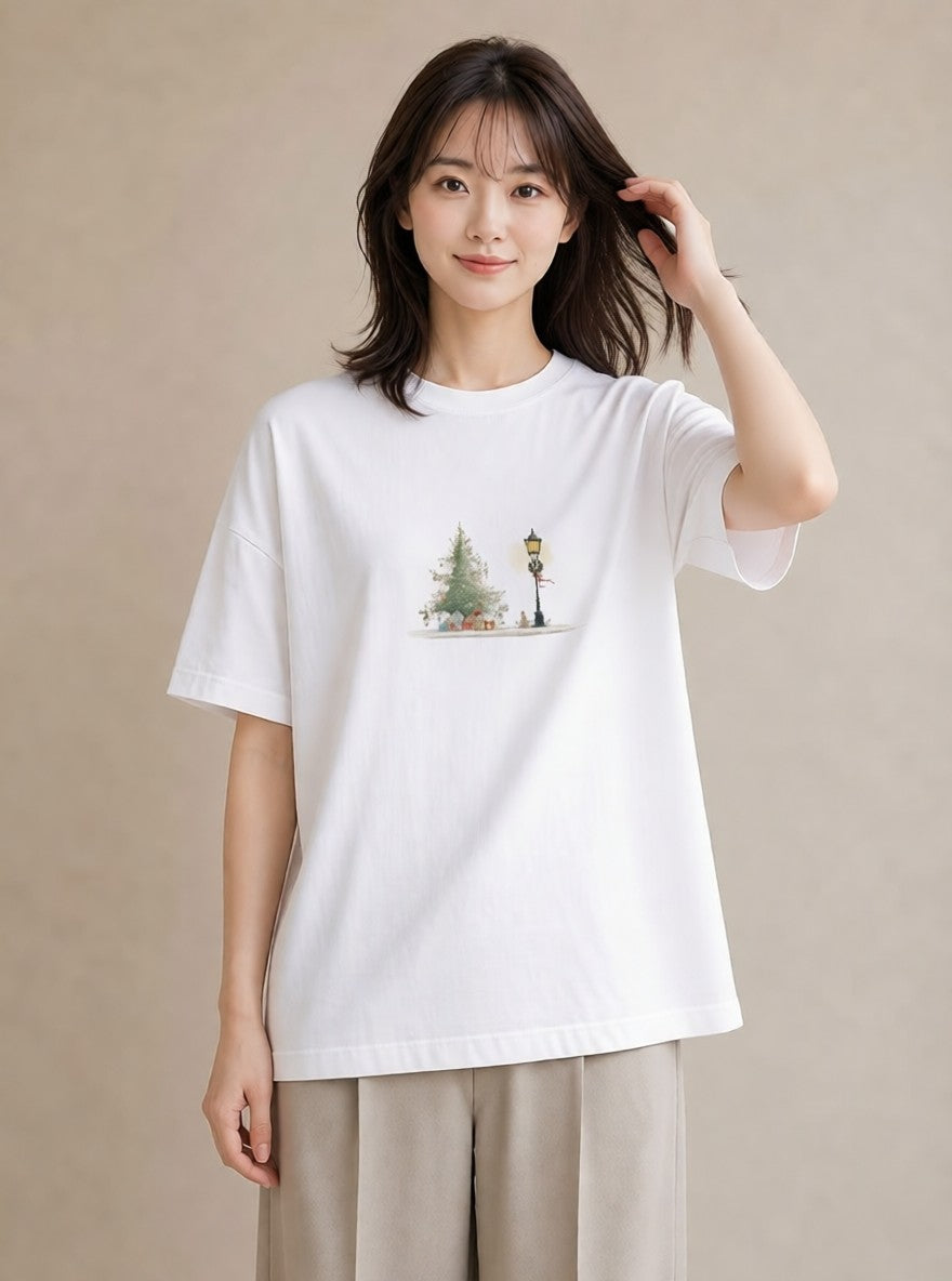 Tシャツ レディース 街灯 夜霧 夜 ナチュラル アンティーク イラスト フェミニン デイリーウェア 休日 白T YMAZO