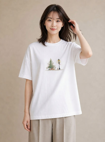 Tシャツ レディース 街灯 夜霧 夜 ナチュラル アンティーク イラスト フェミニン デイリーウェア 休日 白T YMAZO