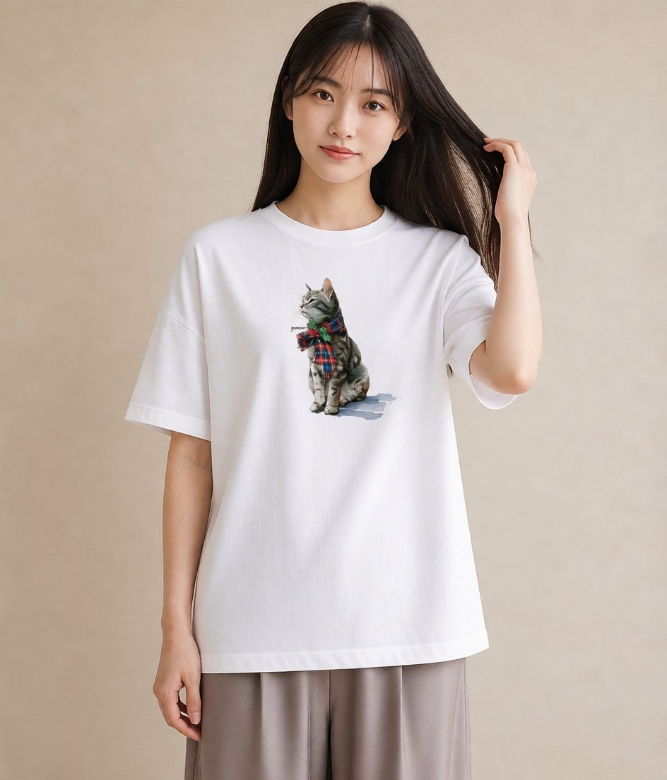 Tシャツ レディース サビ猫 猫 ねこ イラスト ガーリー カジュアルコーデ 買い物 白T YMAZO
