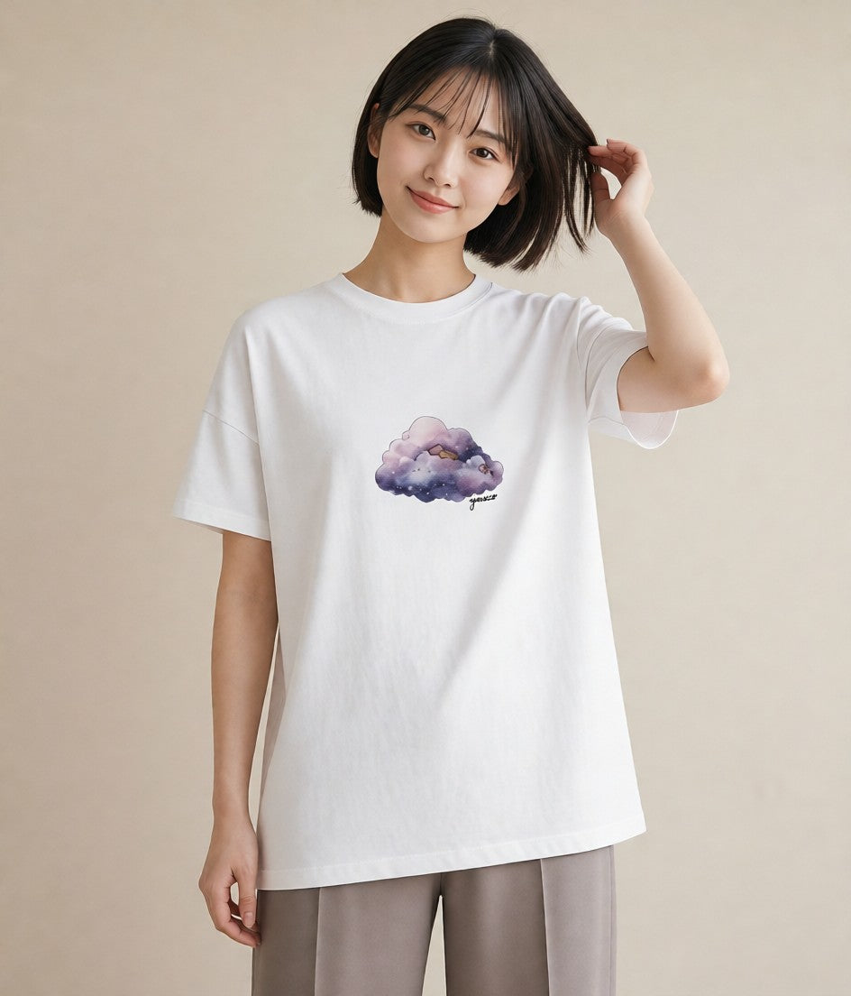 グラフィックTシャツ レディース 水瓶座 星空 宇宙 イラスト きれいめ カフェ服 クリスマス 白T YMAZO