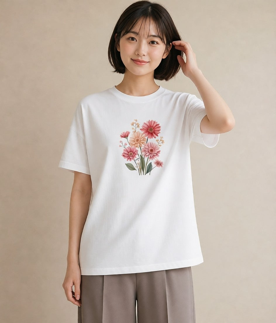 プリントTシャツ レディース マーガレット 花 花柄 イラスト ラフ 休日 ペアコーデ 白T YMAZO