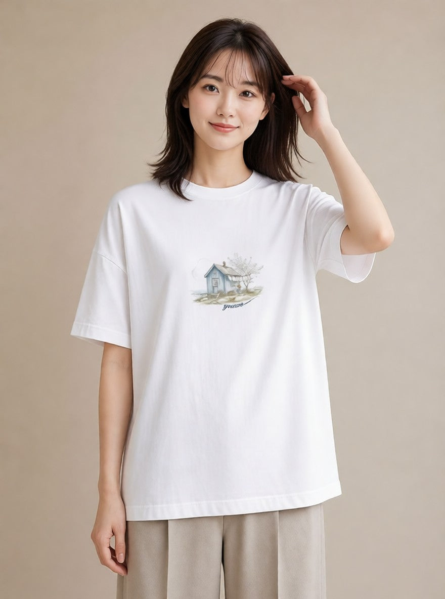 プリントTシャツ レディース 湖畔の小屋 湖 小屋 ナチュラル アンティーク イラスト 可愛い レイヤード 友達ギフト 白T YMAZO