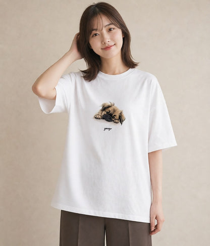 グラフィックTシャツ レディース 狆 犬 いぬ イラスト 普段使い デート 帰省 白T YMAZO