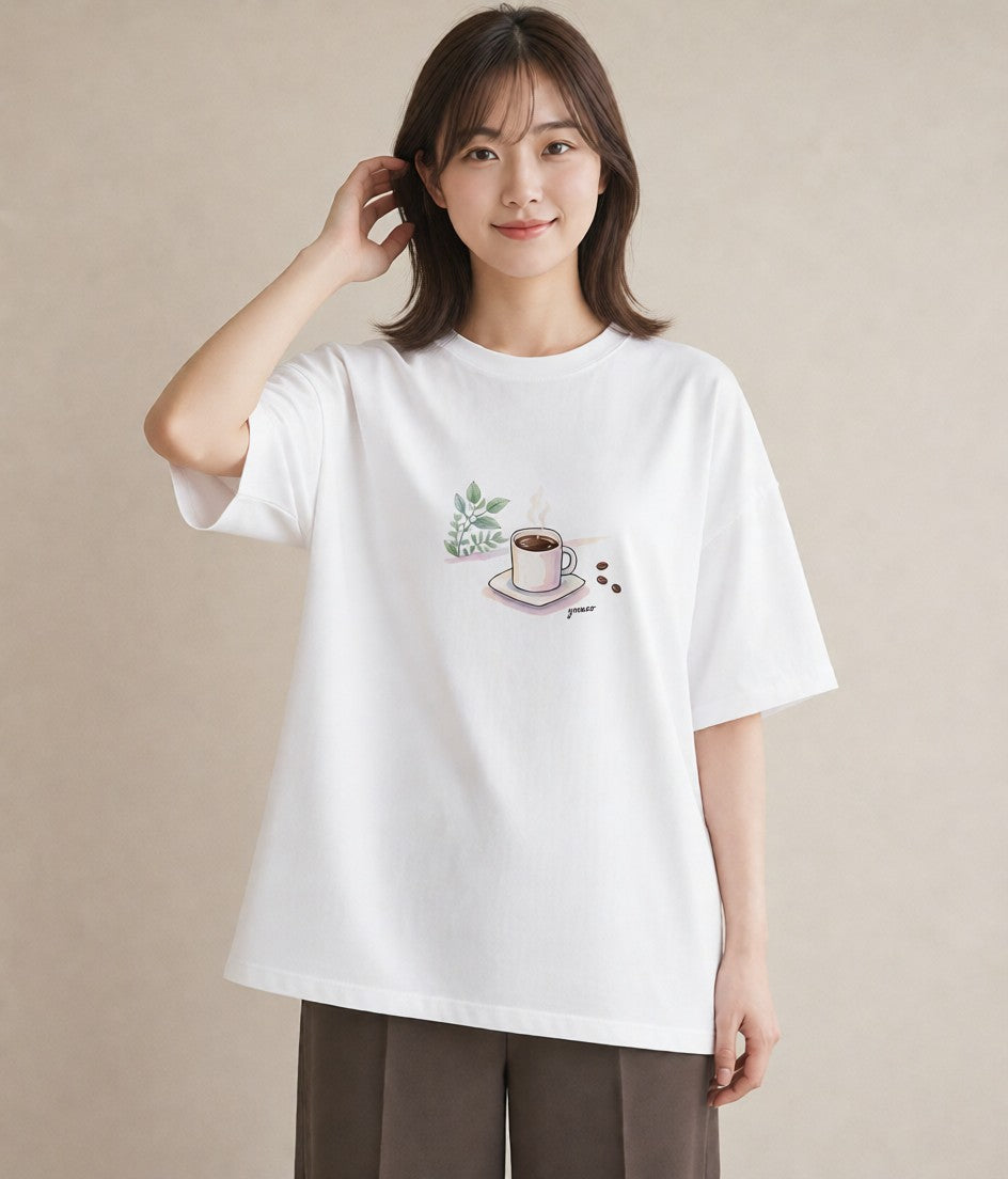 Tシャツ レディース コーヒー カフェ 珈琲 イラスト ユニーク ペアコーデ 秋コーデ 白T YMAZO