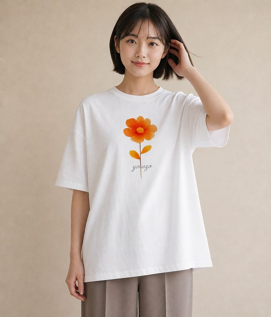 半袖Tシャツ レディース デイジー 花 花柄 イラスト 北欧風 通勤 在宅 白T