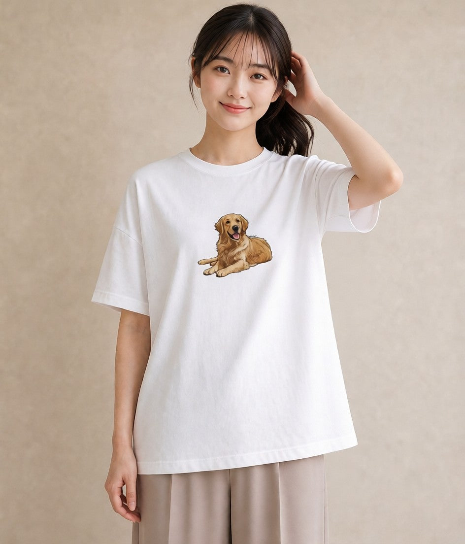 デザインTシャツ レディース ゴールデンレトリバー ゴールデン 犬 いぬ イラスト きれいめカジュアル ママ カフェ服 白T YMAZO