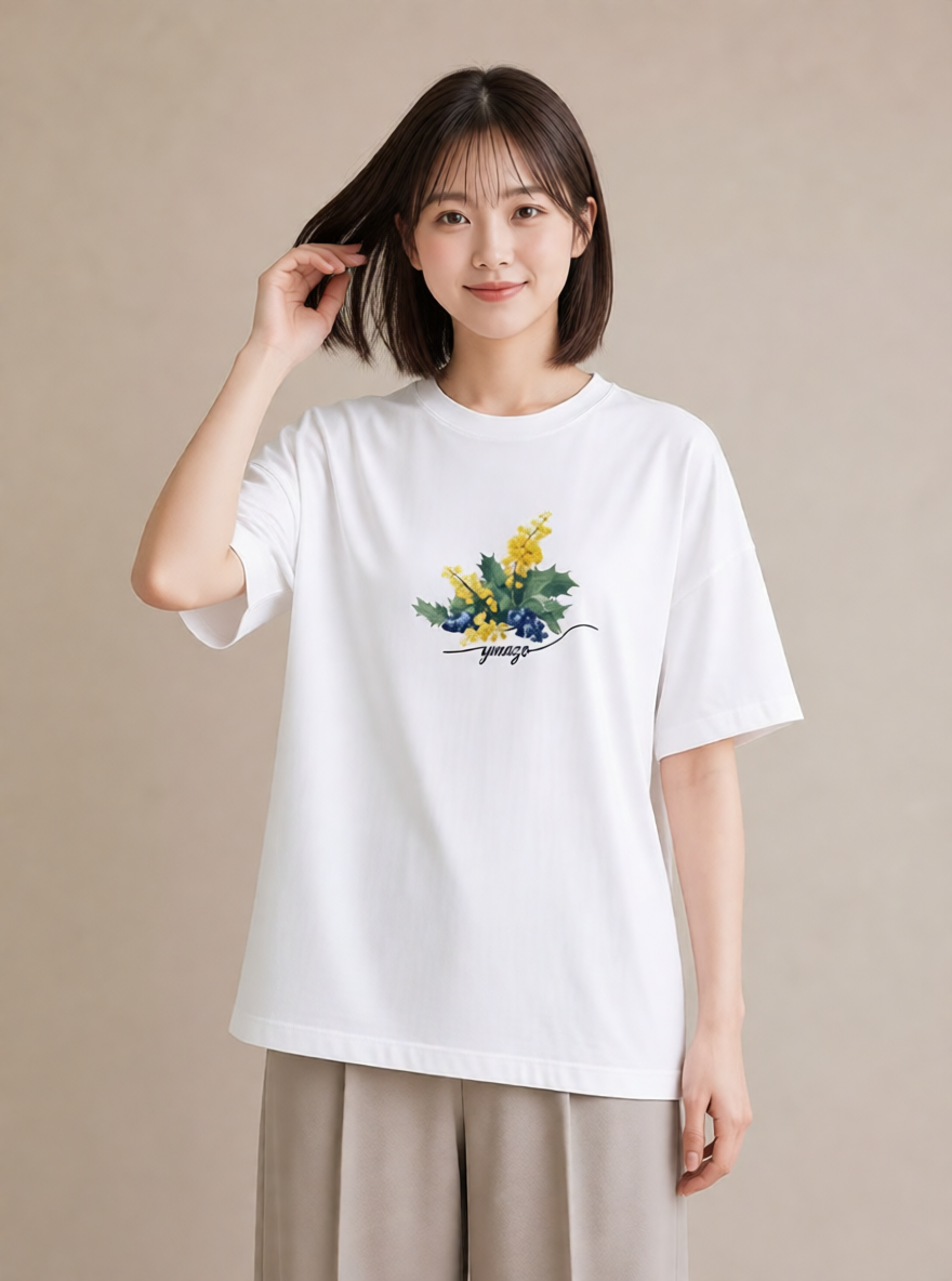 半袖Tシャツ レディース ミモザ 花 花柄 イラスト ユニーク 女性向けギフト 散歩 白T YMAZO