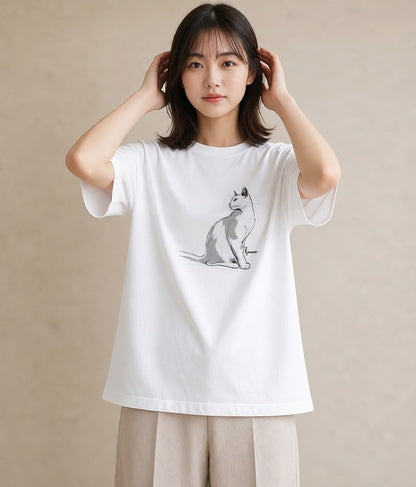 半袖Tシャツ レディース 白猫 猫 ねこ イラスト 抜け感 海 カフェ巡り 白T YMAZO
