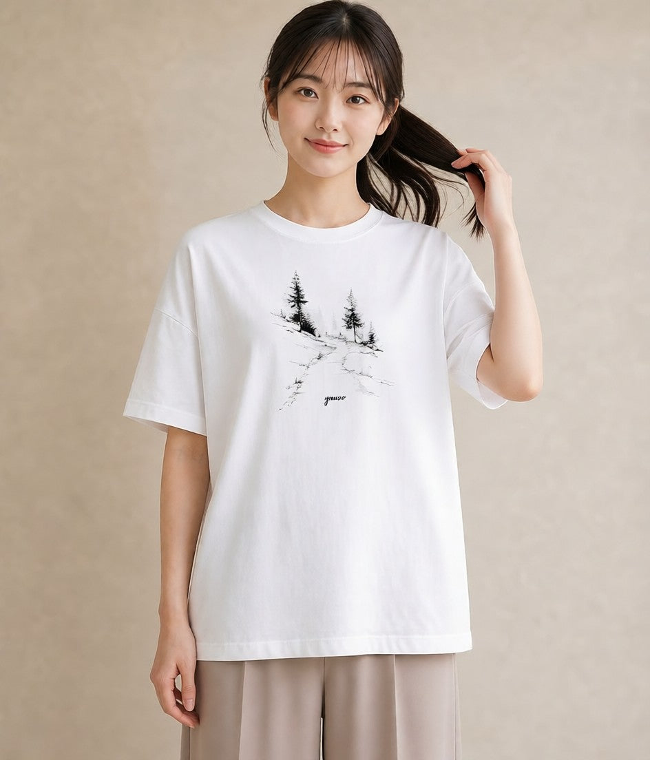 デザインTシャツ レディース 雨上がりの小道 雨上がり 小道 ナチュラル アンティーク イラスト 淡色 通勤 在宅 白T YMAZO