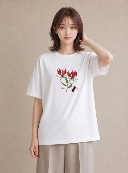 グラフィックTシャツ レディース 彼岸花 花 花柄 イラスト こなれ感 普段着 週末コーデ 白T YMAZO