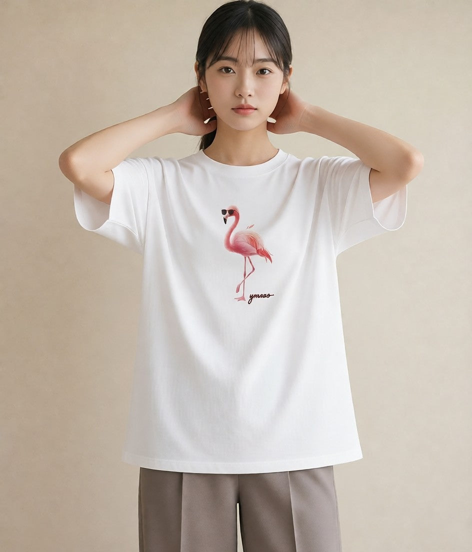 半袖Tシャツ レディース フラミンゴ 動物 アニマル イラスト シック 親子 20代 白T YMAZO