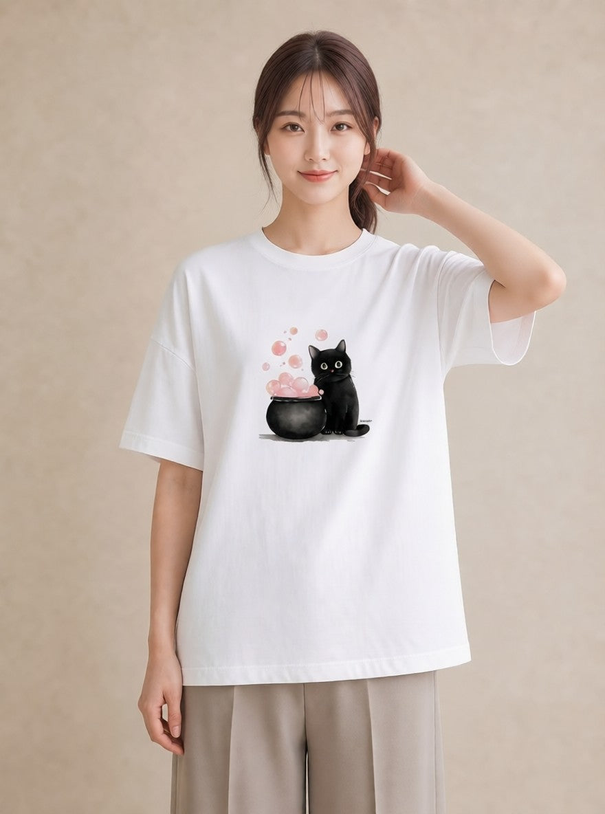 デザインTシャツ レディース ハチワレ 白黒猫 猫 ねこ イラスト 淡色 自分用 ルームウェア 白T YMAZO