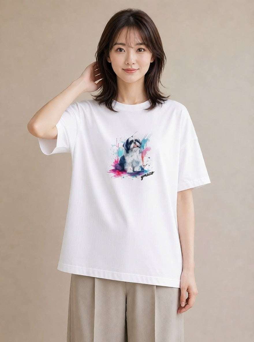 Tシャツ レディース 狆 犬 いぬ イラスト こなれ感 休日 ペアコーデ 白T YMAZO