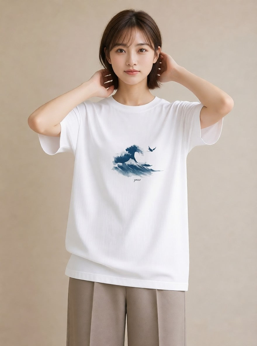 半袖Tシャツ レディース 海 星空 宇宙 イラスト 春服 ミセス 白T YMAZO